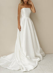 Elegant Satin Wedding Dresses with A-Line Silhouette Strapless Design Sleeveless Style and Sweep Train