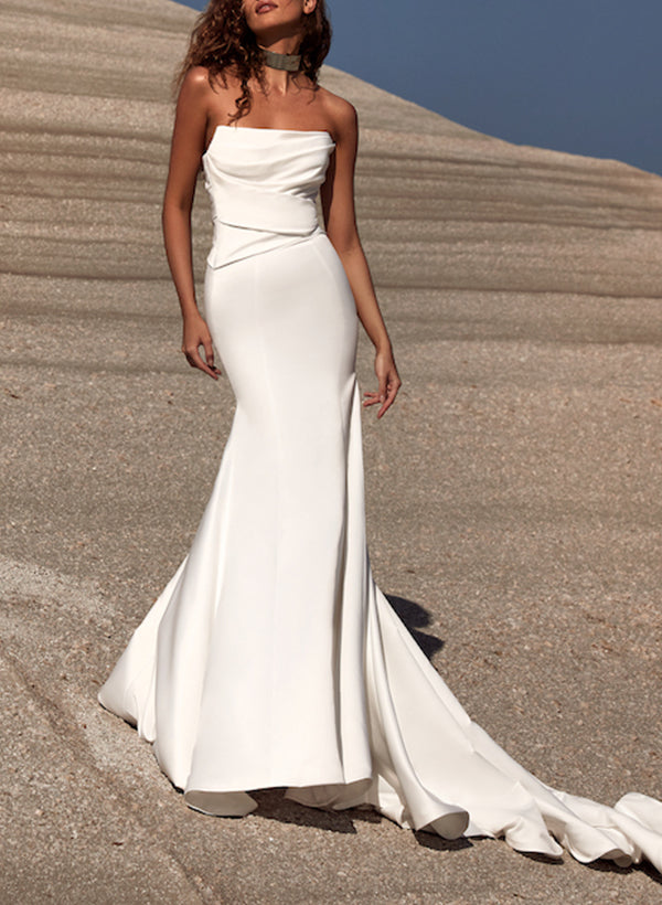 Strapless Trumpet Mermaid Elastic Satin Wedding Dresses With Court Train