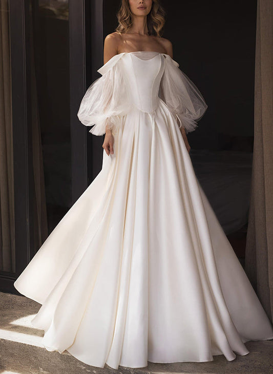 A-Line Off-The-Shoulder Long Sleeves Satin Wedding Dresses With Pleated