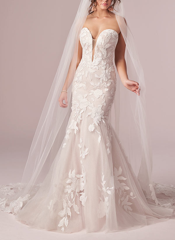 Sweetheart Sleeveless Sweep Train Lace Mermaid Wedding Dresses