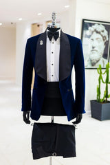 Conrad Stylish Navy Blue Shawl Lapel 2-Piece Velvet Wedding Suit