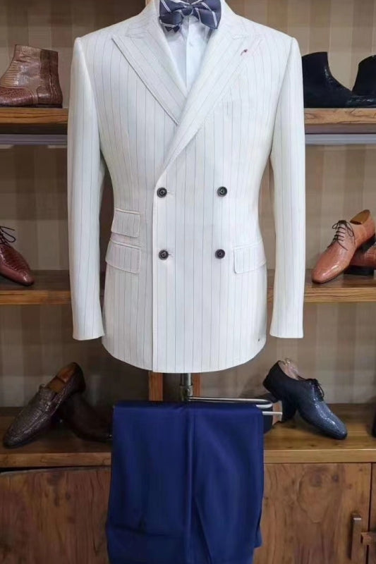 Colby White Striped Double-Breasted Peaked Lapel Prom Suit with Blue Pants