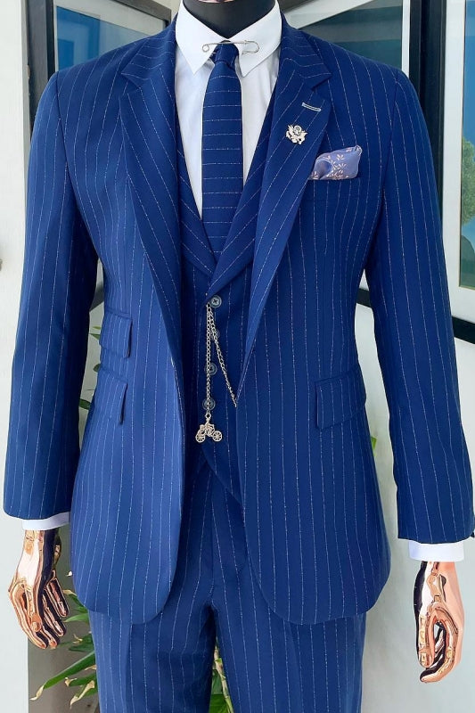 Curtis Blue Striped Three-Piece Peaked Lapel Business Suit