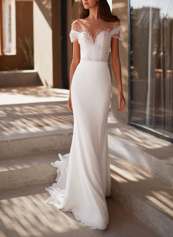 Illusion Neck Short Sleeves Sweep Train Elastic Satin Wedding Dresses With Beading