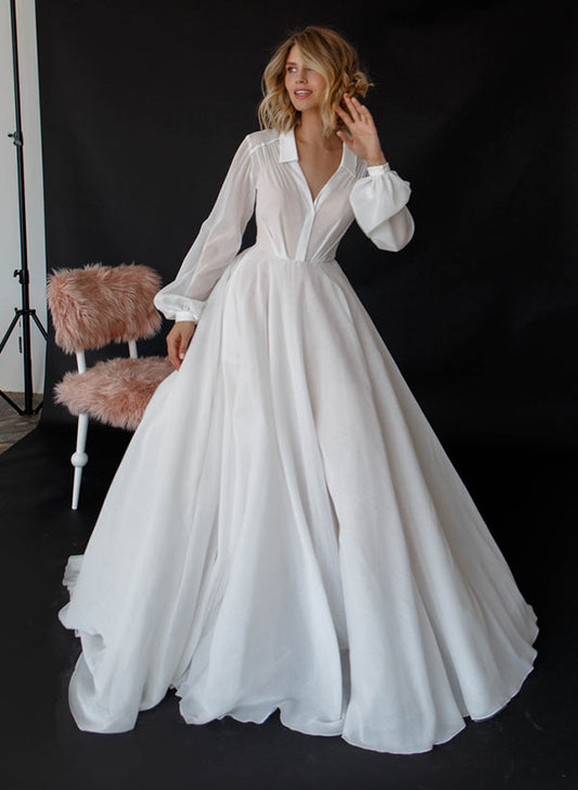 Ball-Gown Long Sleeves Court Train Wedding Dresses With Front Split