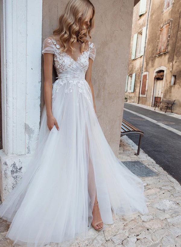 Boho A-Line V-Neck Short Sleeves Lace and Tulle Wedding Dresses With Front Split