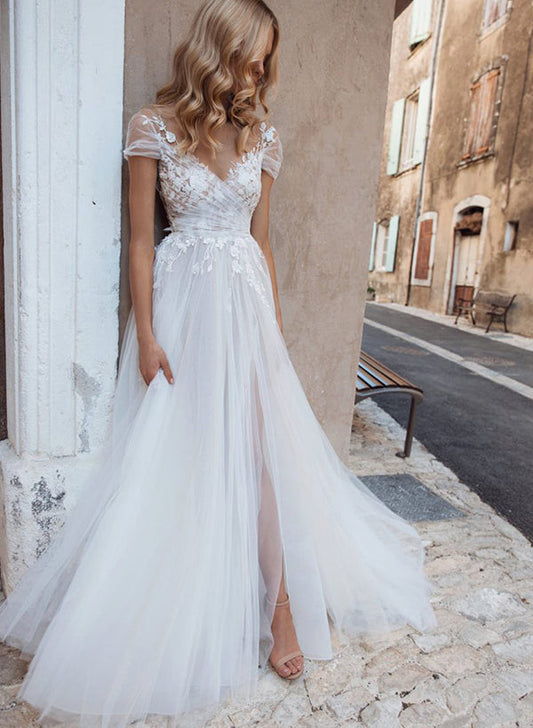 Boho A-Line V-Neck Short Sleeves Lace and Tulle Wedding Dresses With Front Split