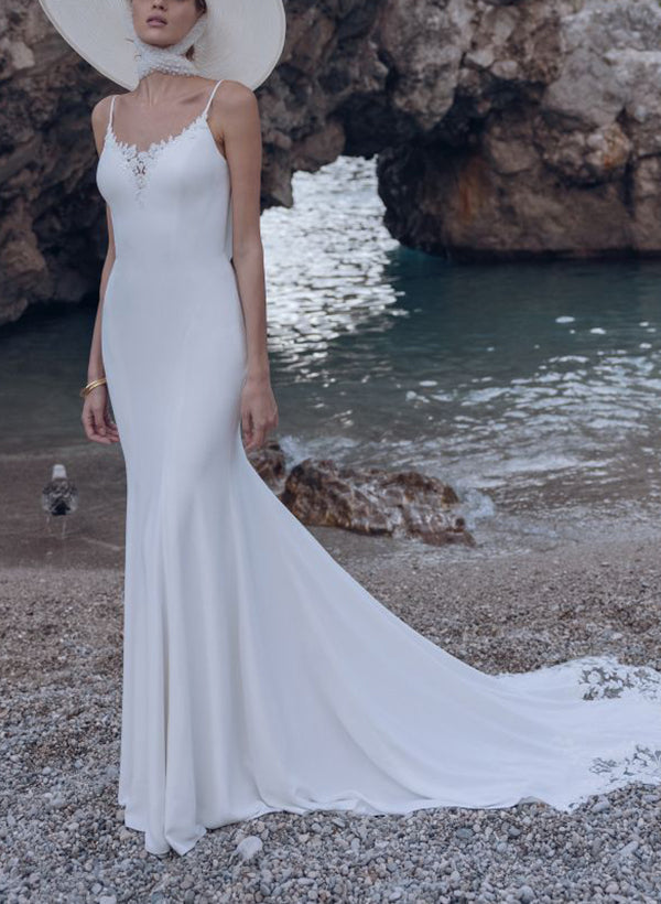 Elegant Trumpet Mermaid V-Neck Jersey Wedding Dresses With Appliques Lace