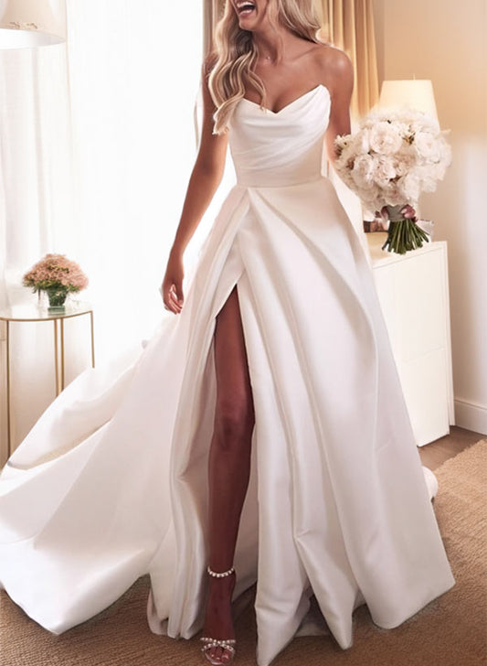 Satin Sweep Train Wedding Dresses With Split Front