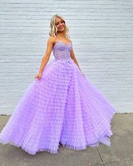 Blue A Line Tiered Sweetheart Long Corset Prom Dress