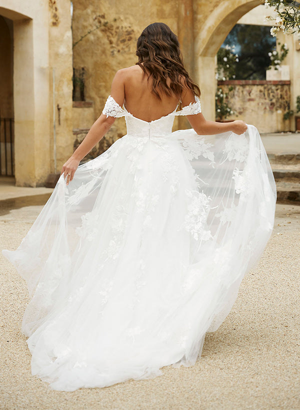 Off-The-Shoulder Tulle Lace Wedding Dress With Appliques Lace