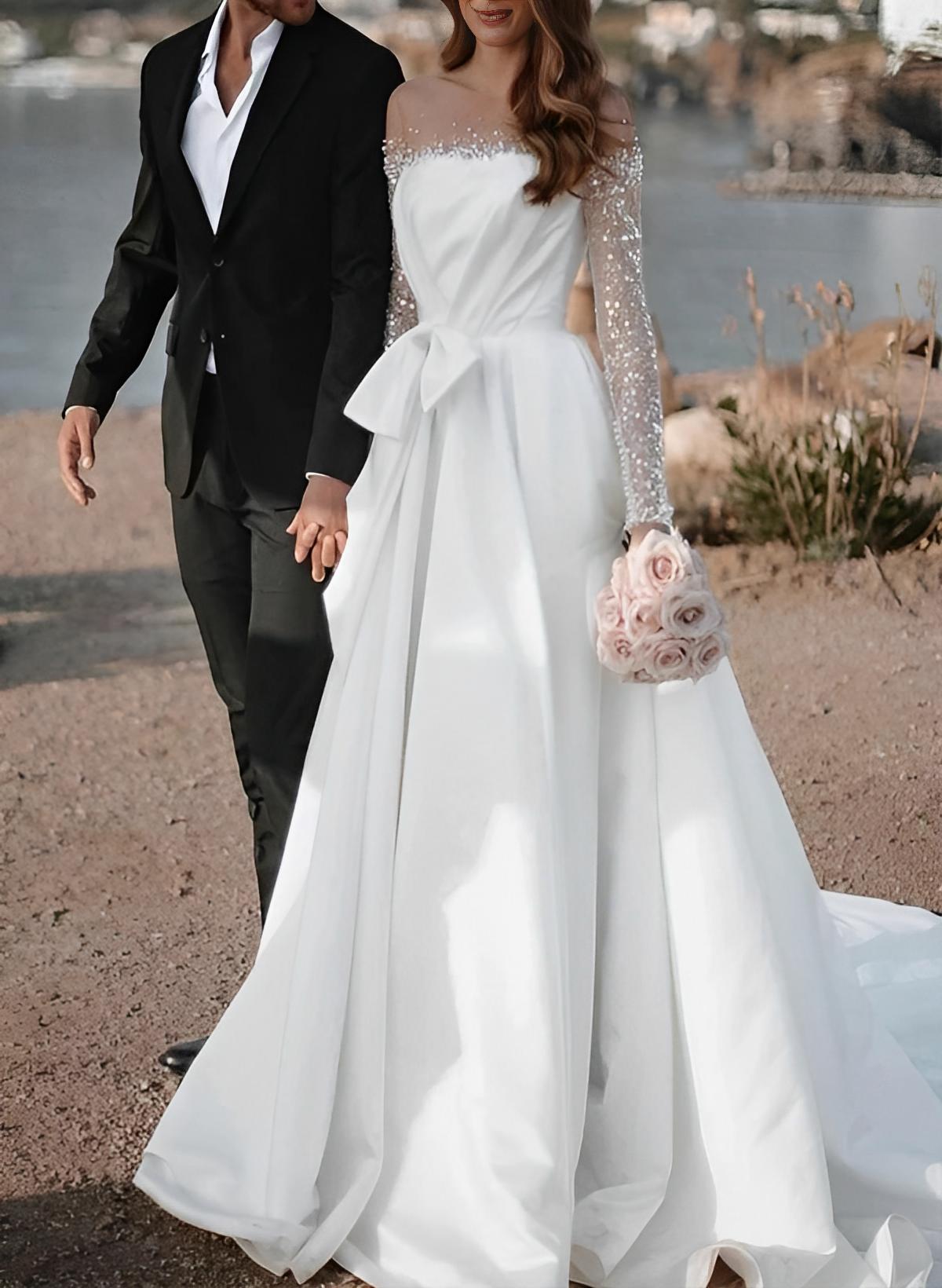 Illusion Neck Long Sleeves Sweep Train Wedding Dress