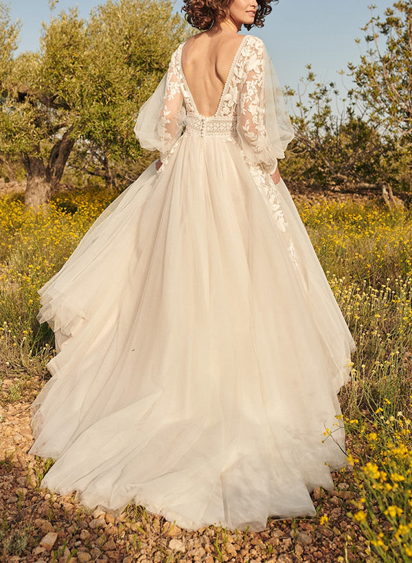 A-Line V-Neck Long Sleeves Lace/Tulle Wedding Dresses