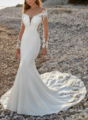 Long Sleeves Court Train Lace/Elastic Satin Wedding Dresses With Appliques Lace