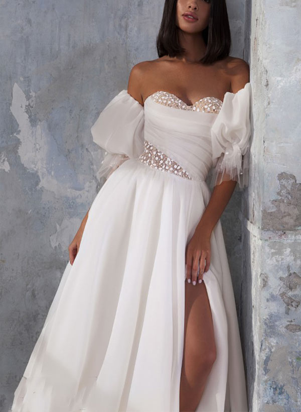 Sweetheart Short Sleeves Court Train Tulle Wedding Dress with Split Front