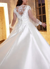 Square Neckline A-Line Wedding Dress with Long Sleeves in Lace/Satin