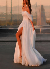 A-Line Off-The-Shoulder Sleeveless Sweep Train Tulle Wedding Dresses With Split Front