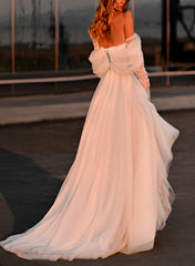 A-Line Off-The-Shoulder Sleeveless Sweep Train Tulle Wedding Dresses With Split Front