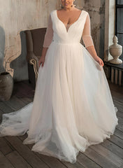 A-Line V-Neck Long Sleeves Sweep Train Tulle Wedding Dresses for Plus Size