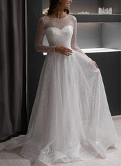 Illusion Neck Long Sleeves Sweep Train Sequined Wedding Dresses