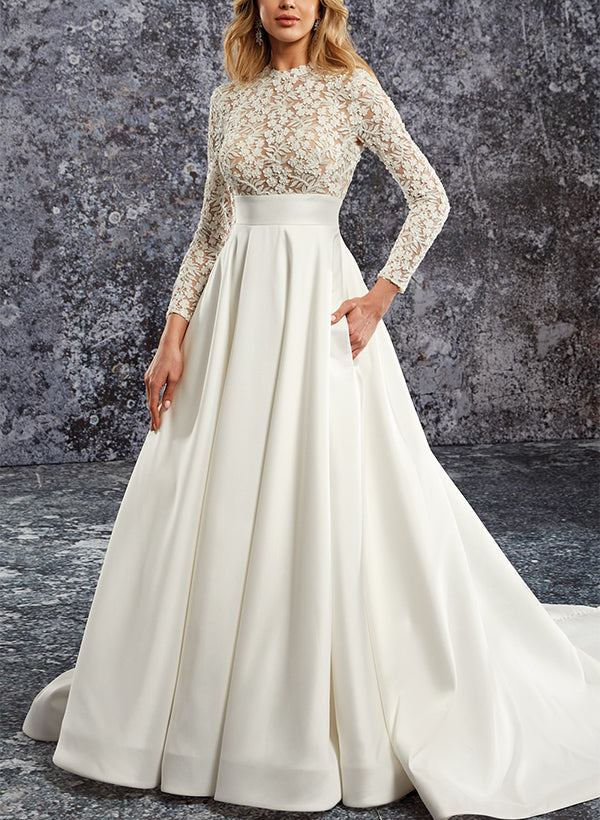 A-Line Long Sleeves Court Train Lace/Satin Wedding Dresses With Pockets