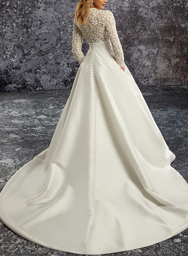 A-Line Long Sleeves Court Train Lace/Satin Wedding Dresses With Pockets