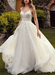 A-Line Organza Wedding Dresses with Lace Detail and Open Back