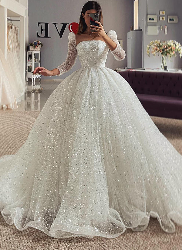 Sequined Wedding Dresses with Ball-Gown Square Neckline and Long Sleeves