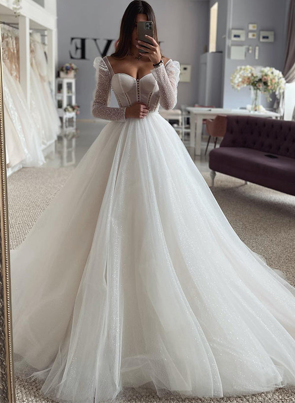 Sweetheart Long Sleeves Sweep Train Tulle Wedding Dresses