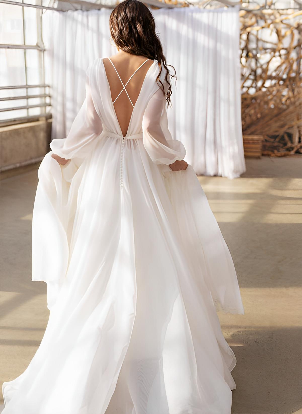 Illusion Neck Long Sleeves Sweep Train Chiffon Wedding Dresses