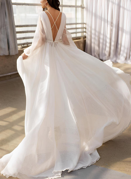 Illusion Neck Long Sleeves Sweep Train Chiffon Wedding Dresses