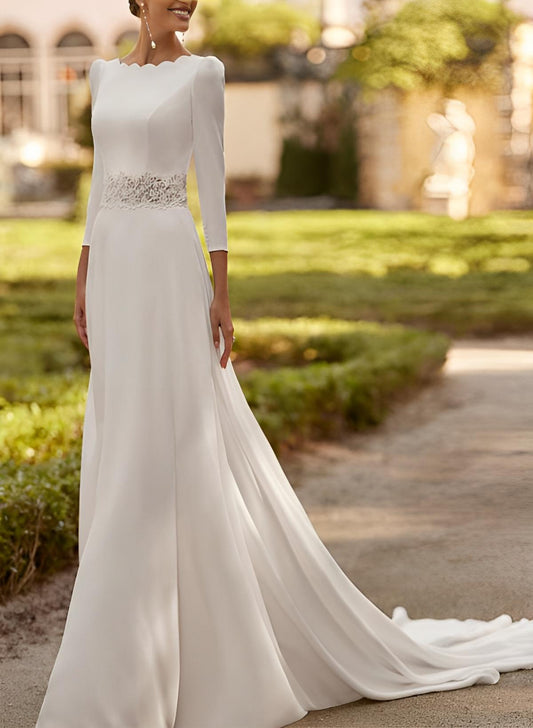 Elastic Satin Wedding Dresses with A-Line 3/4 Sleeves and Court Train