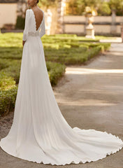 Elastic Satin Wedding Dresses with A-Line 3/4 Sleeves and Court Train