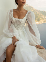 A-Line Square Neckline Long Sleeves Lace/Tulle Bridal Gowns