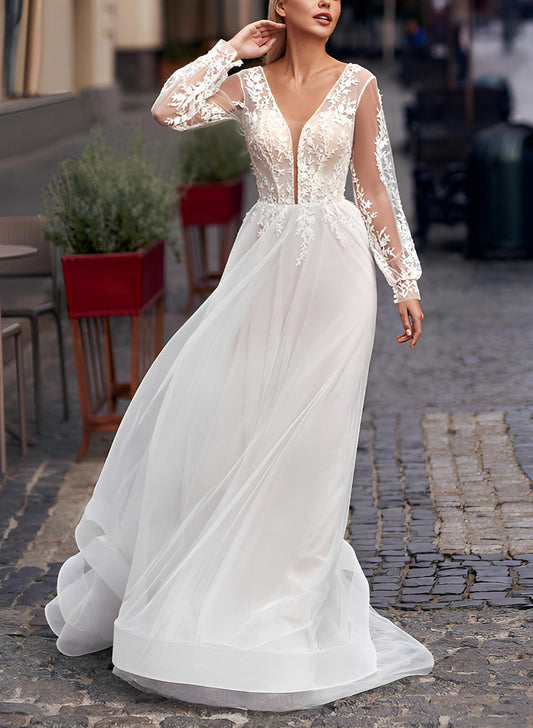 Elegant A-Line Long Sleeves Sweep Train Lace Tulle Wedding Dresses