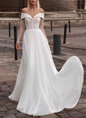 Off-The-Shoulder Sleeveless A-Line Lace/Tulle Wedding Dress with Sweep Train