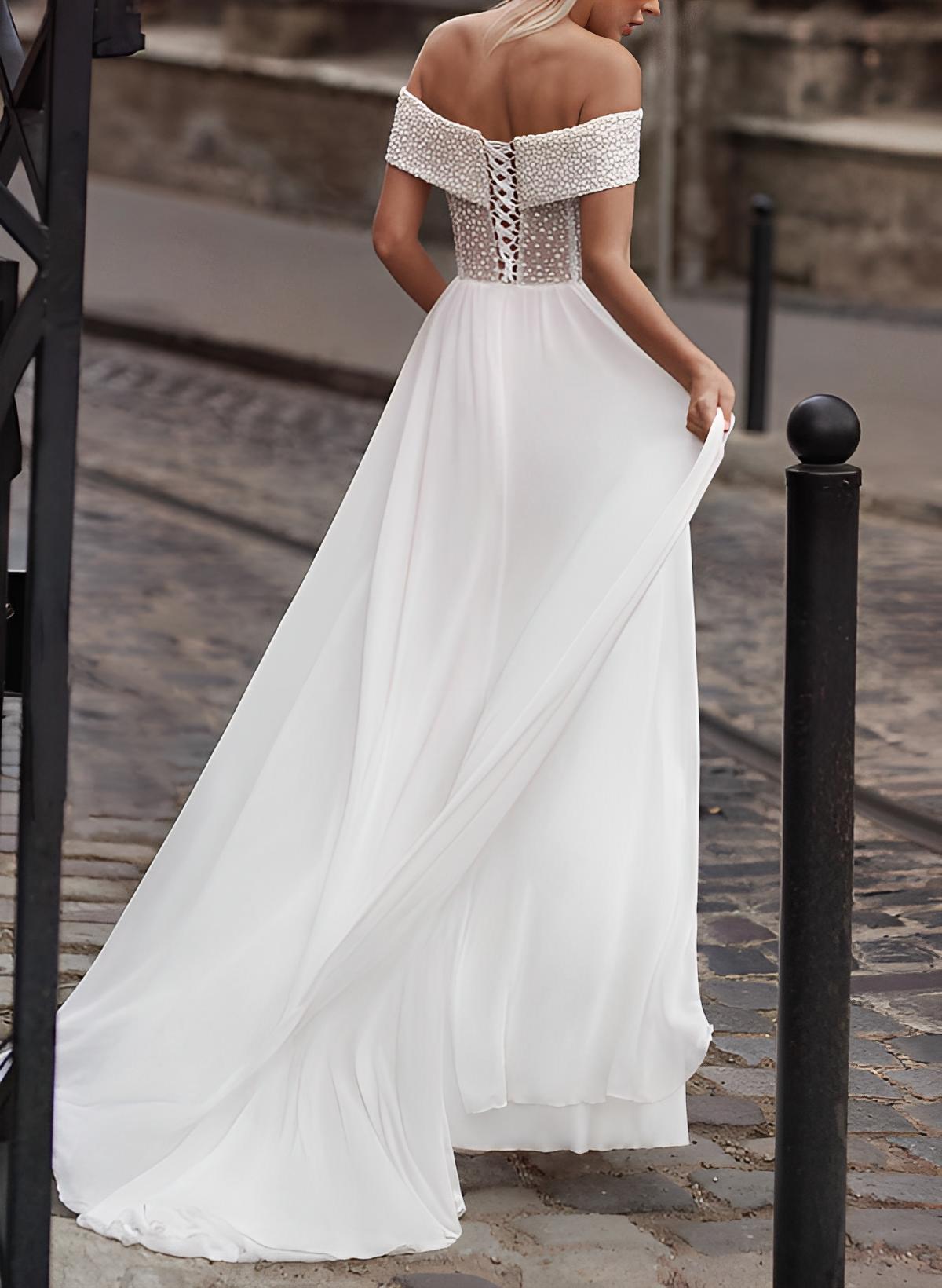 Off-The-Shoulder Sleeveless A-Line Lace/Tulle Wedding Dress with Sweep Train