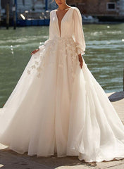 A-Line V-Neck Long Sleeves Organza Wedding Dresses With Lace Appliques