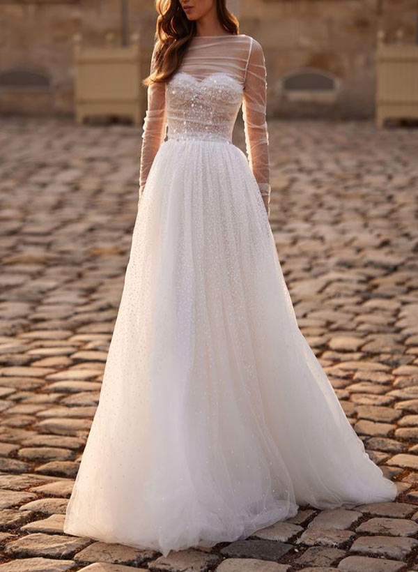 Illusion Neck A-Line Wedding Dress with Long Sleeves and Sweep Train in Tulle/Sequined