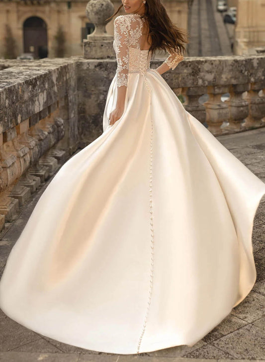 Ball-Gown Satin Wedding Dresses with Classic Lace Sleeves