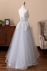 Gray Tulle Lace Long Prom Dress Lace Evening Dress