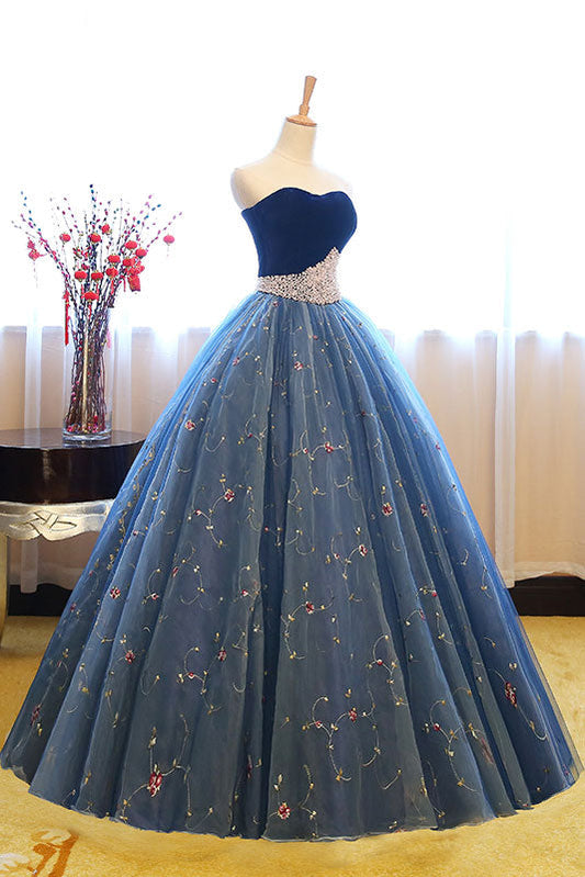 Blue Sweetheart Neck Tulle Long Prom Gown Blue Sweet 16 Dress