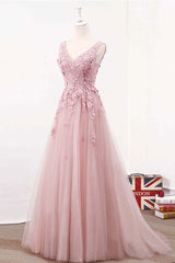 Pink V-Neck Tulle Lace Long Prom Dress Pink Evening Dress