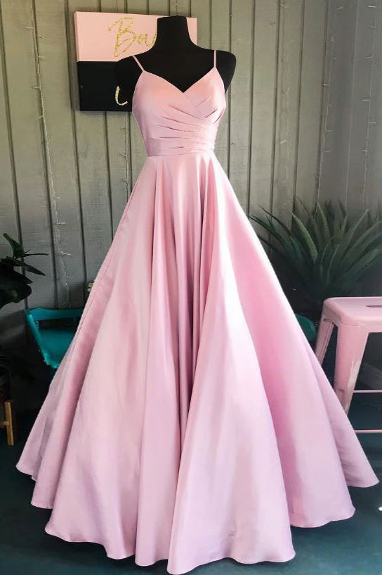 Simple V-Neck Pink Satin Long Prom Dress Pink Formal Dress