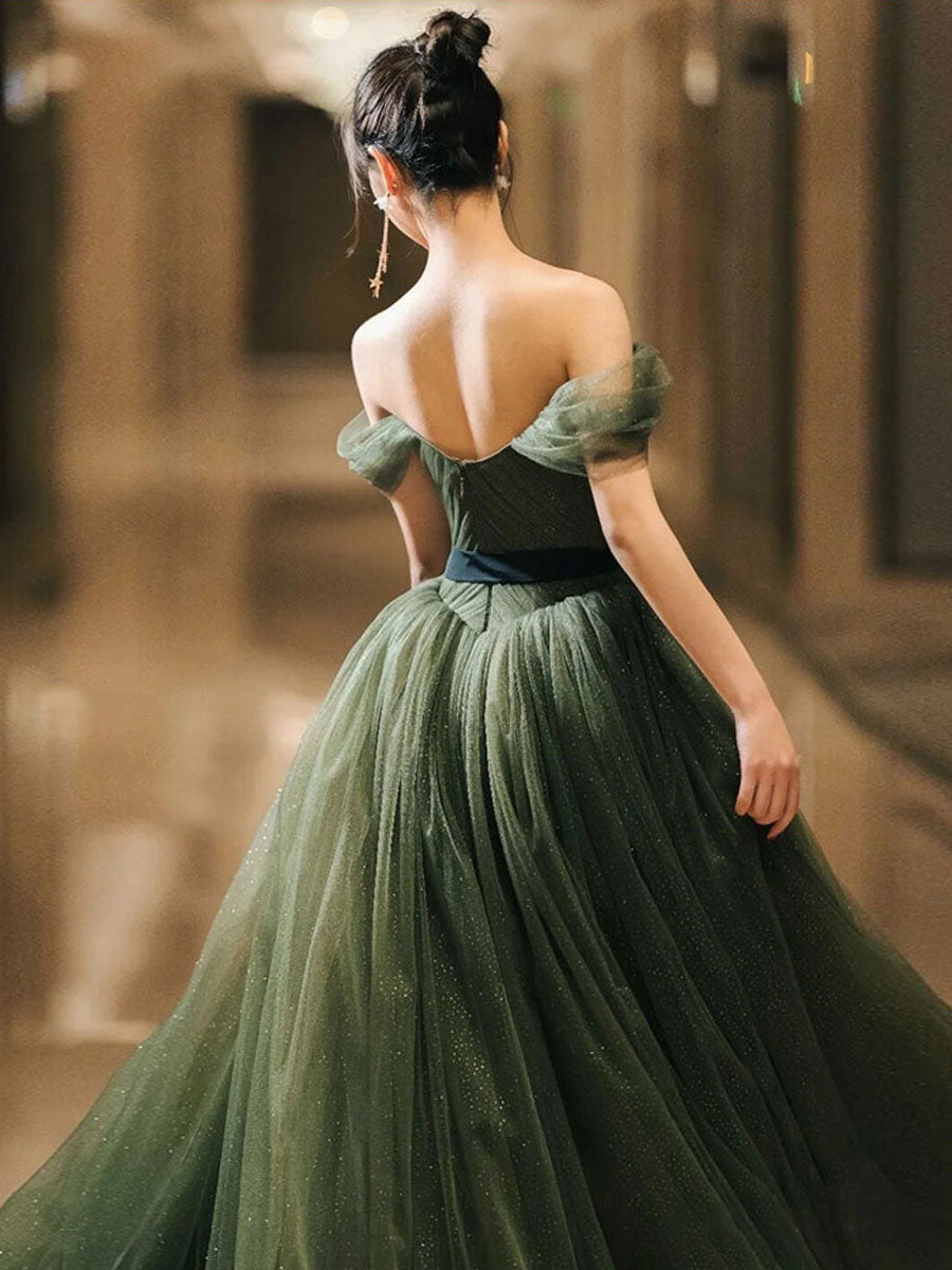 Simple Green A-Line Tulle Off-Shoulder Long Prom Dress Green Evening Dress