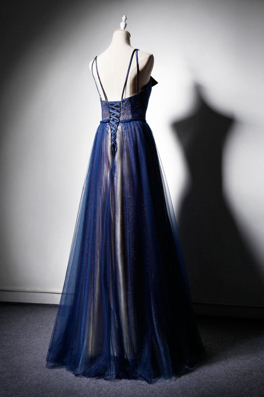 Dark Blue Tulle Long Prom Dress Dark Blue Evening Gown