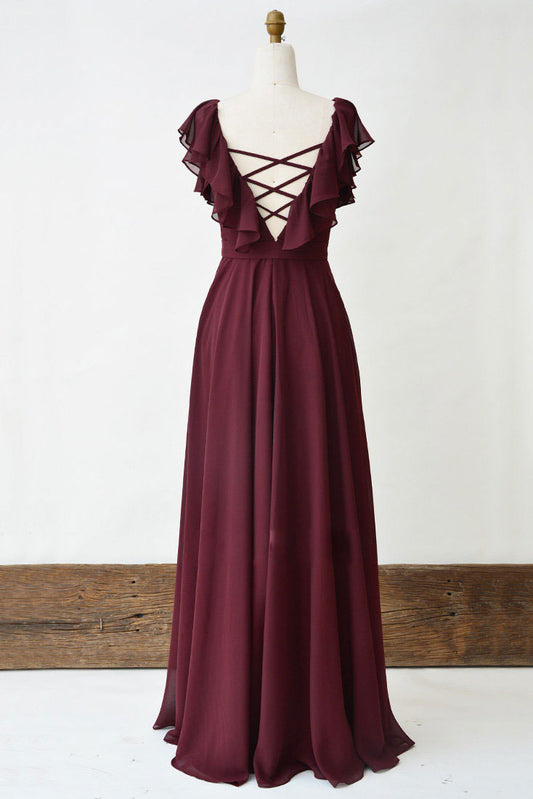 Simple Burgundy Chiffon Long Prom Dress Burgundy Evening Gown