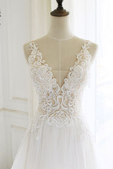 White V-Neck Tulle Lace Long Prom Dress White Tulle Evening Dress