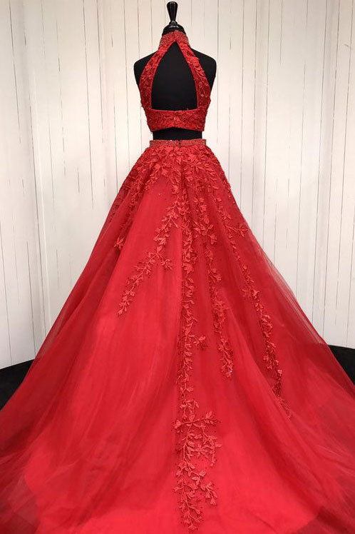 Red Two-Piece Tulle Lace Appliqu¨¦ Long Prom Dress Red Evening Dress