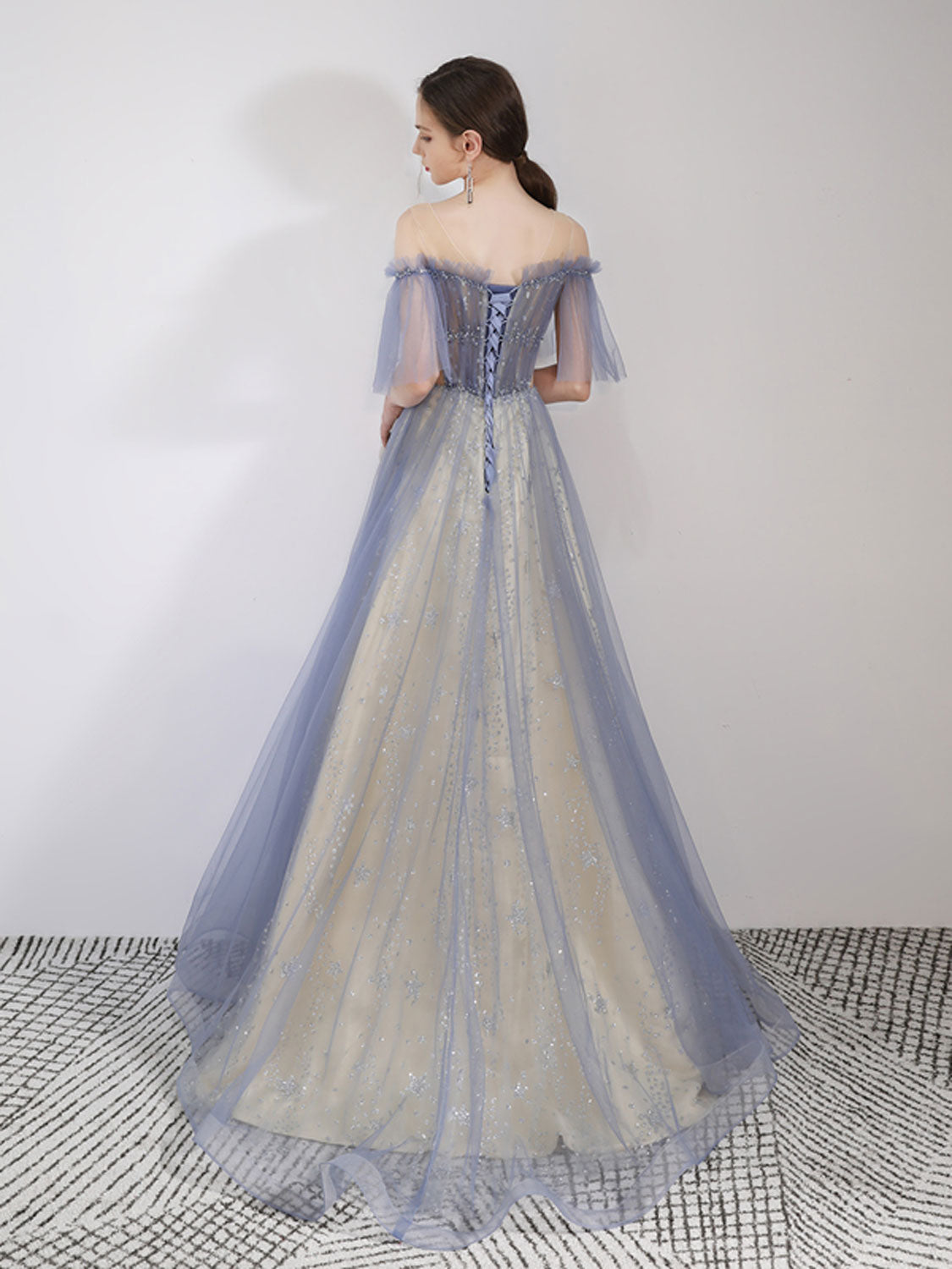 A-Line Tulle Blue Long Prom Dress Sequin Long Graduation Dress